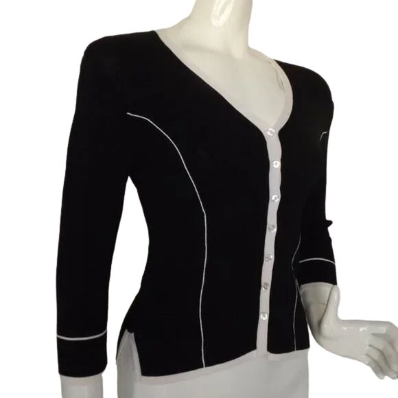 PAPELL STUDIO Sweater, M, Black/White trim, Cardigan/Buttons, 3/4 sleeves - Picture 3 of 11